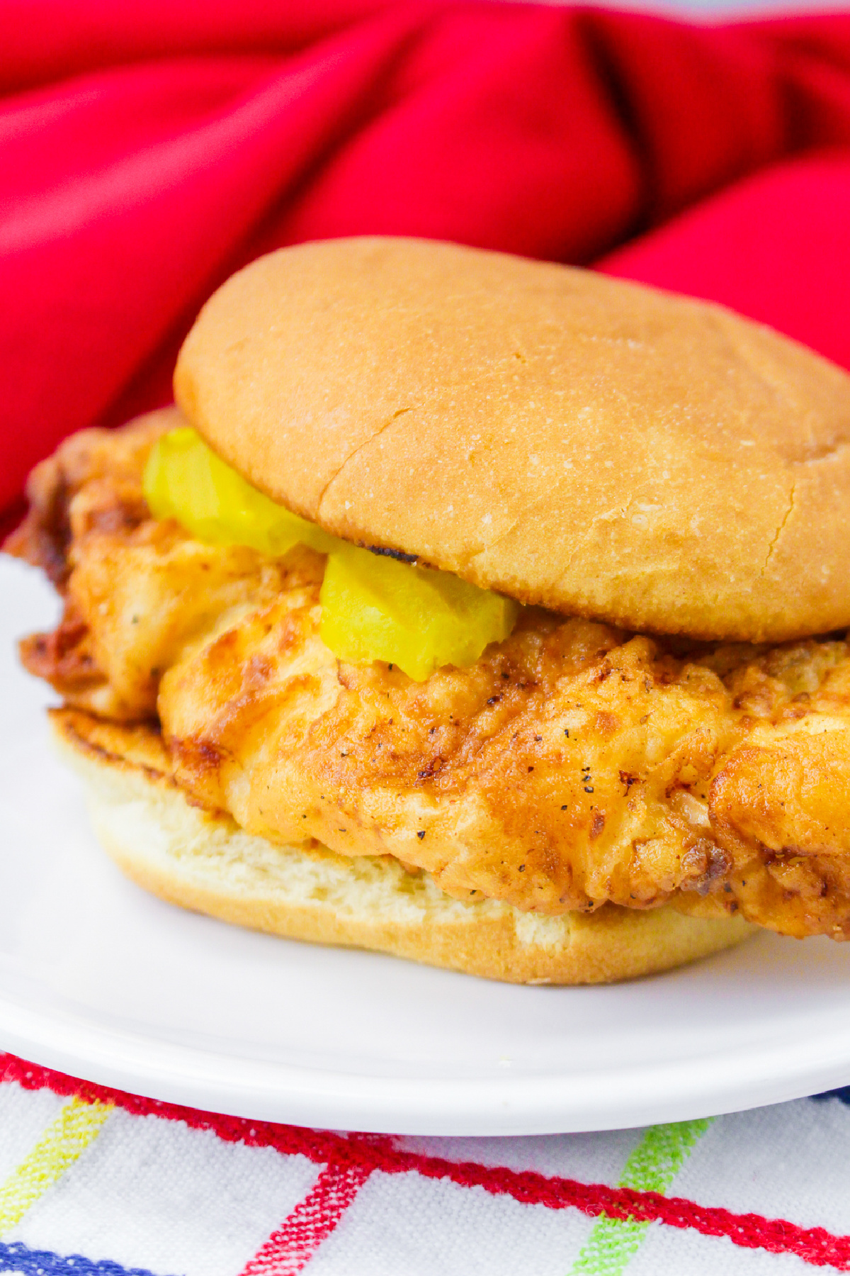Copycat Chick FIl A chicken sandwich from the side up close
