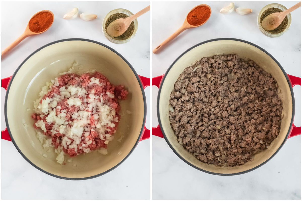 collage of a big tan pot with raw hamburger meat topped with diced raw onions and the same pot with cooked ground beef