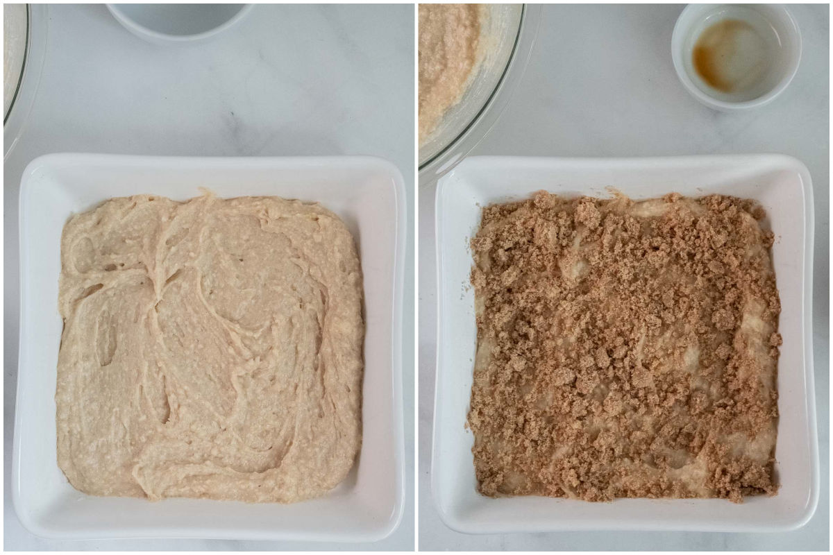 square baking dish with batter and crumbly topping