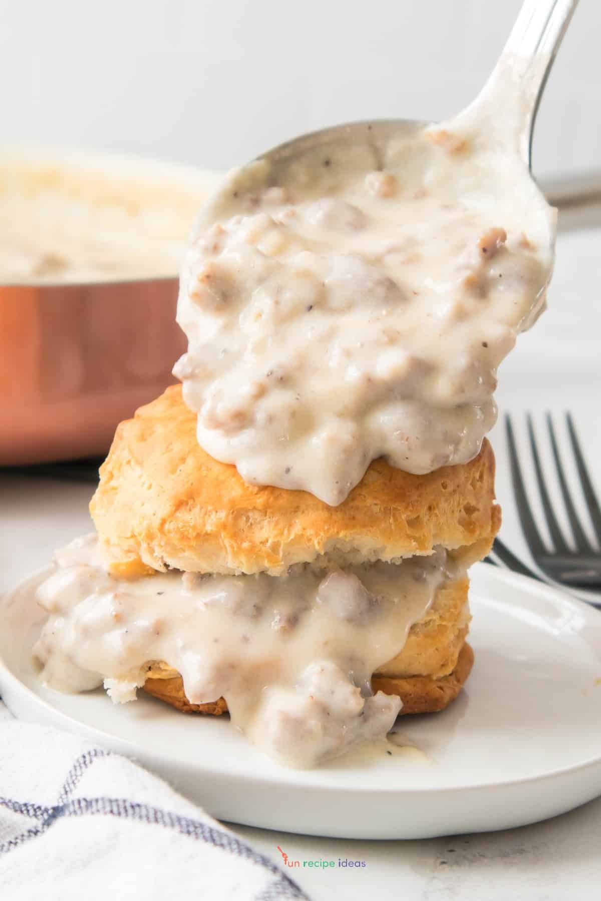 country sausage gravy over biscuits.