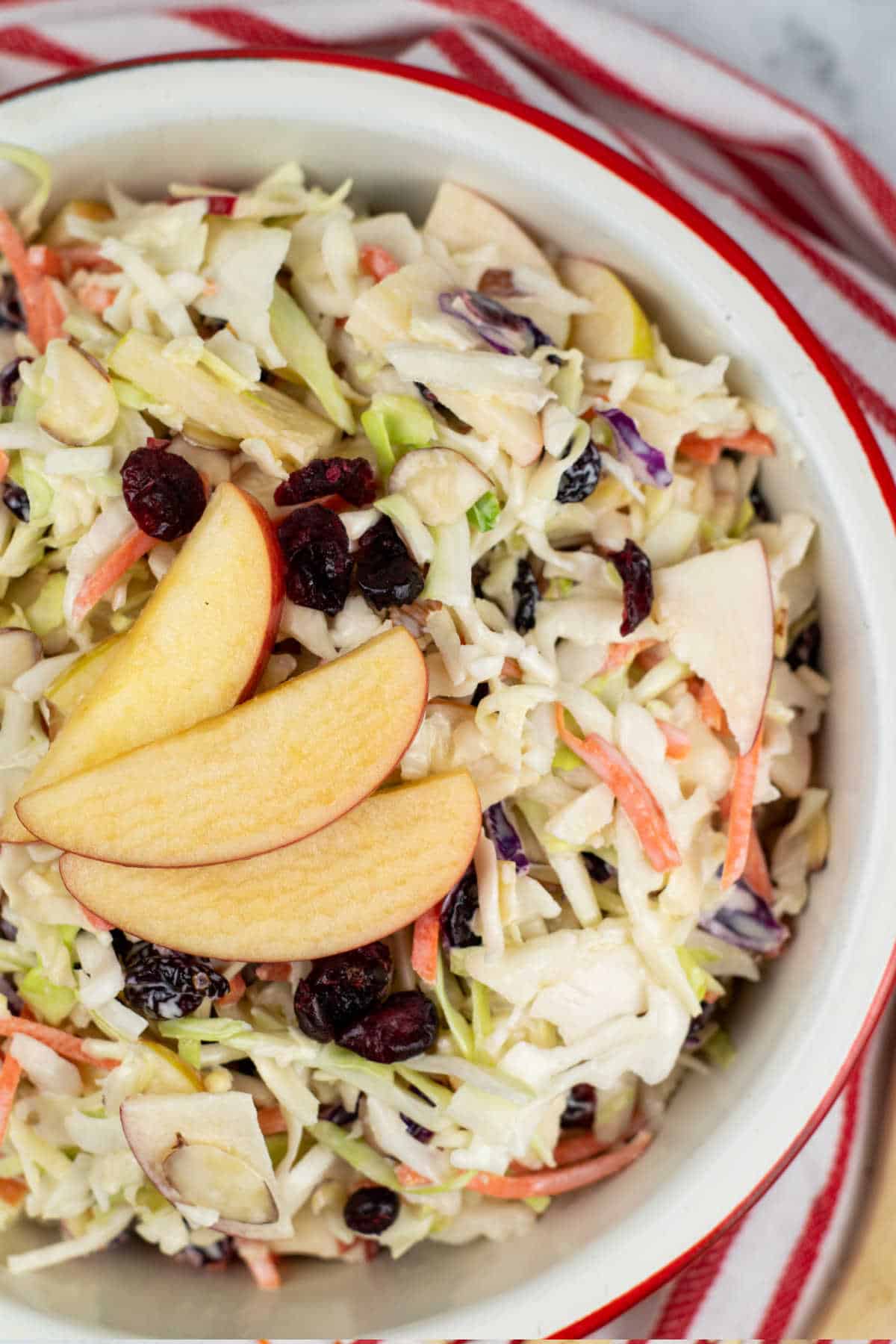 A close up of a white bowl full of apple cranberry coleslaw garnished with a sliced apple and dried cranberries. 