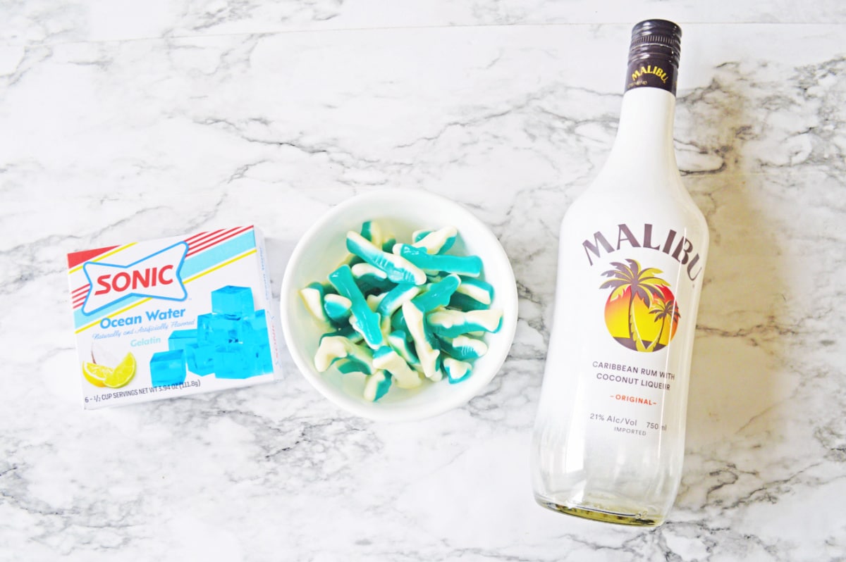 shark jello shot ingredients on a marble counter