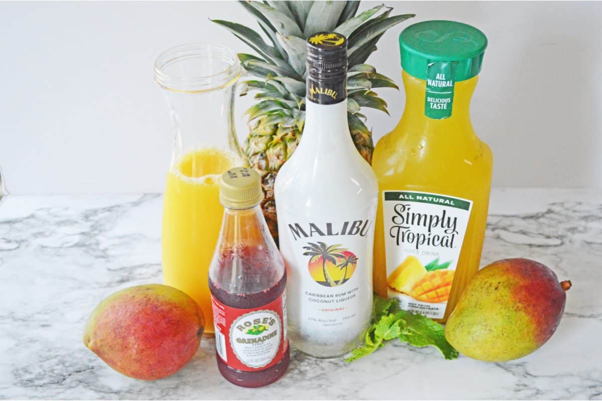 Ingredients for pineapple mango rum punch