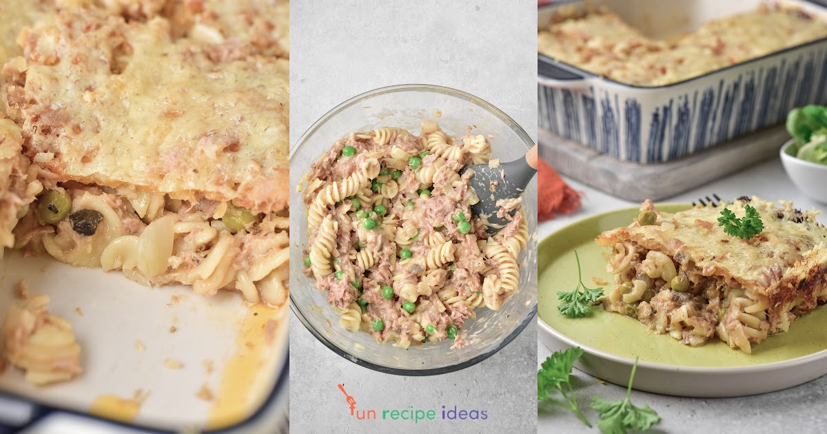 Tuna casserole collage in a pan, in a bowl and on a plate.
