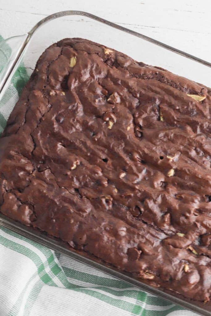 chocolate brownies baked in rectangle baking dish.